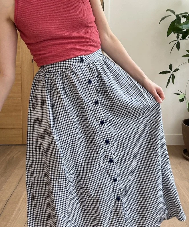 Reformation Navy Gingham Linen Skirt Size 10-12