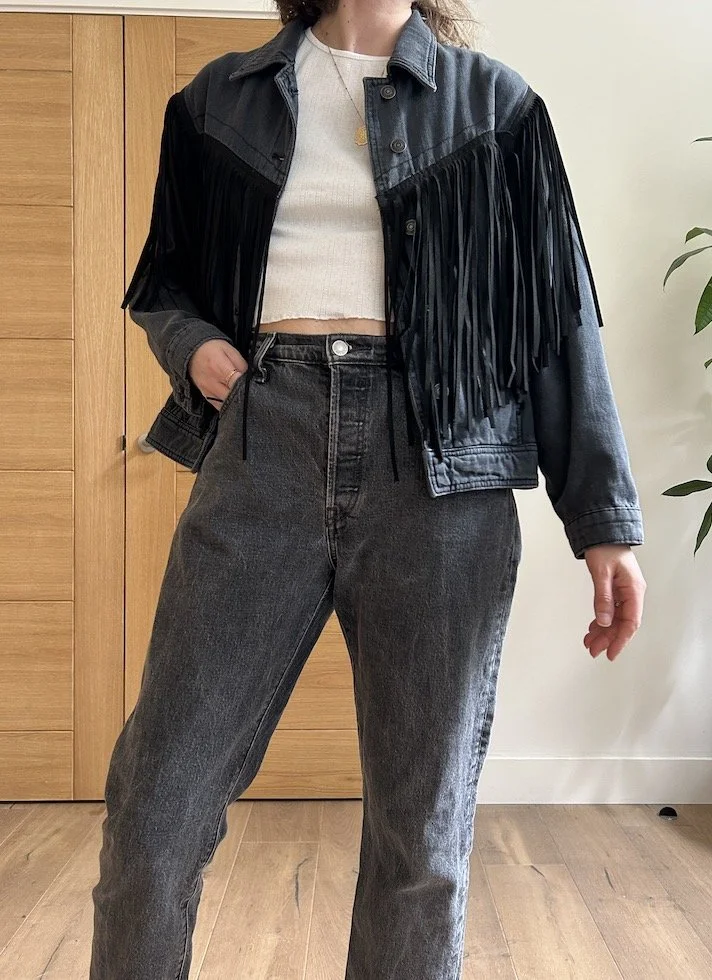 Free People Grey Fringed Denim Jacket Size S