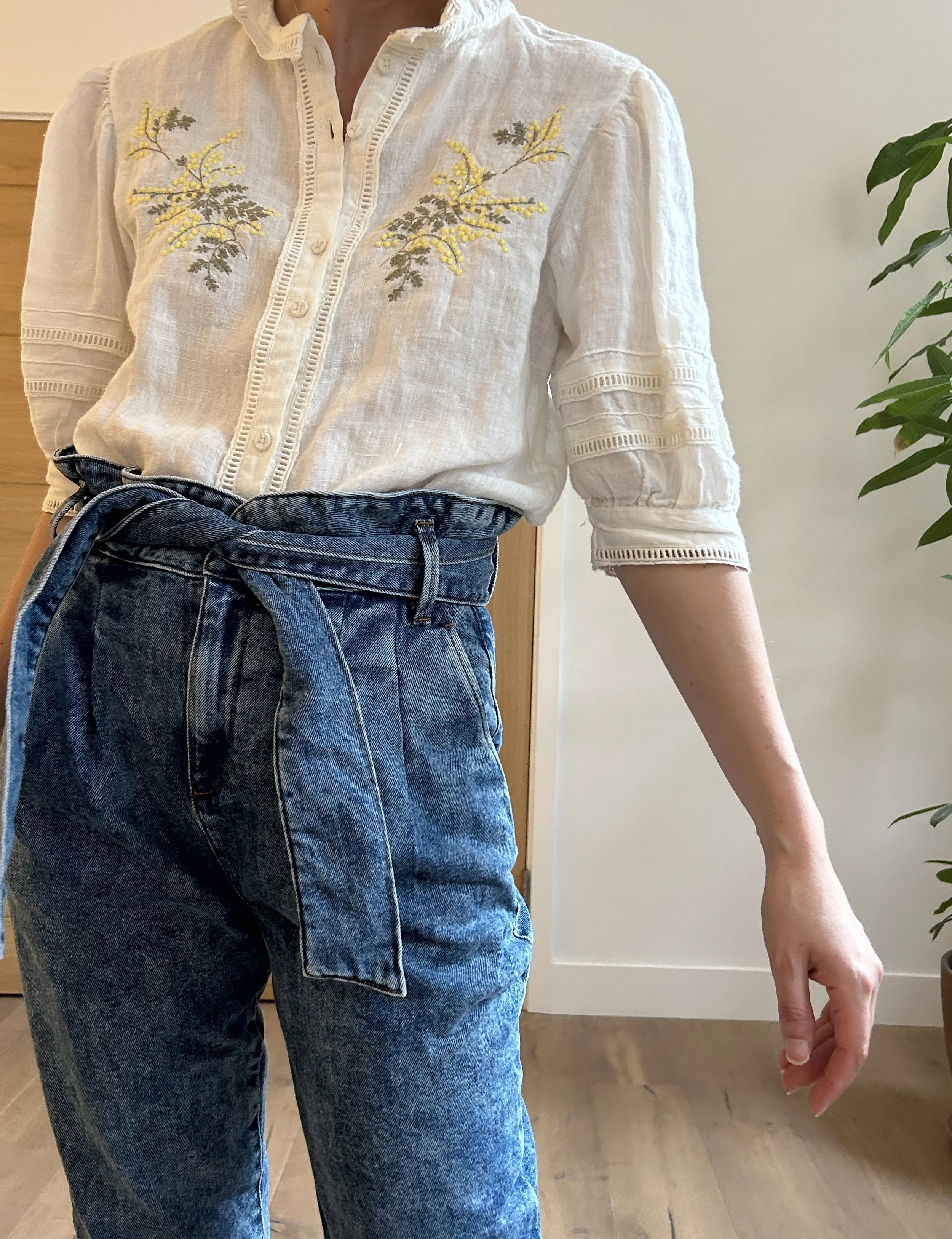 Rouje White Linen Embroidered Shirt Size S