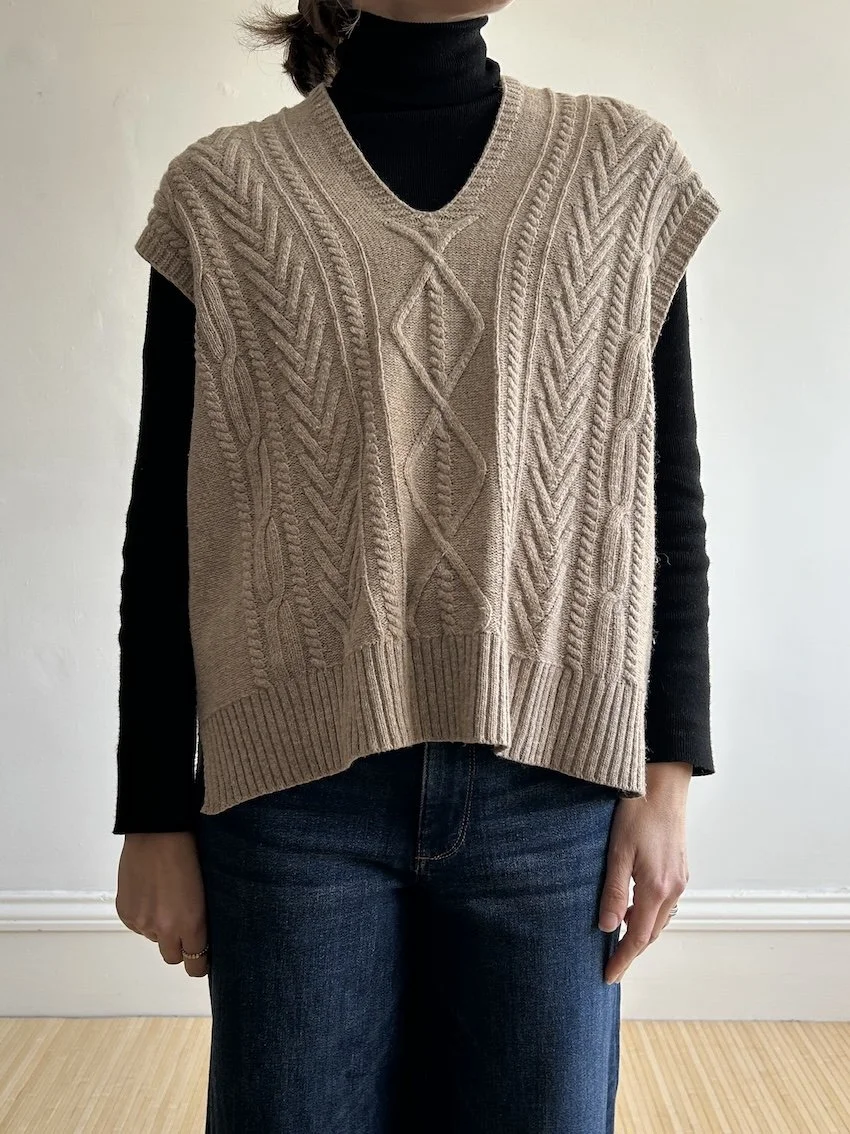 Olive Beige Cable Knit Sleeveless Jumper One Size