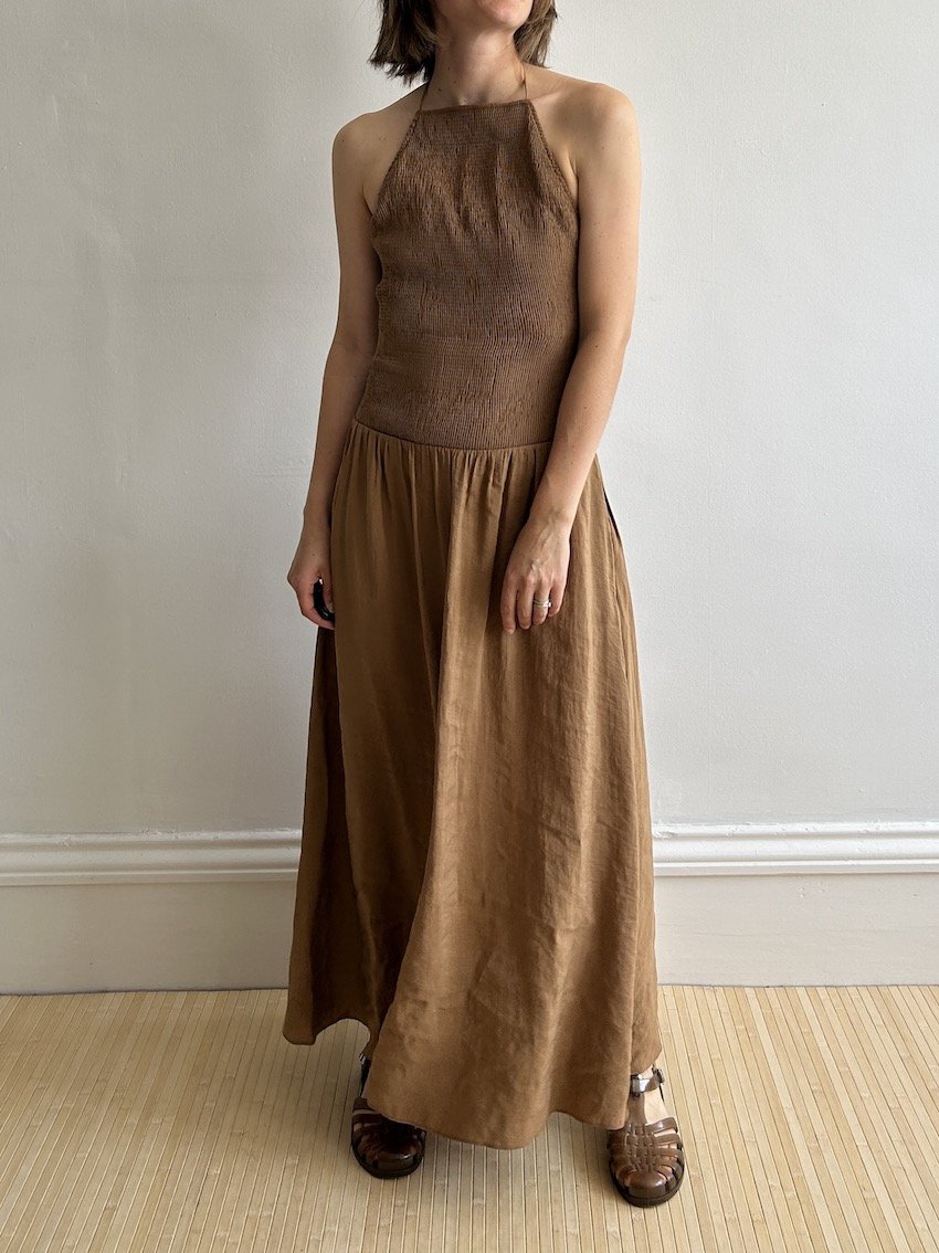 Zara Brown Smocked Halterneck Maxi Dress Size M