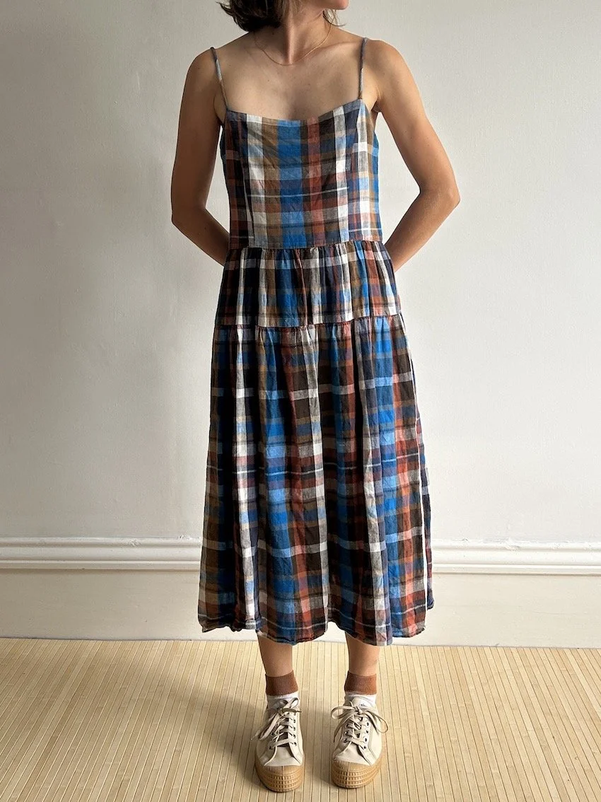 Sideline Plaid Linen Midi Dress Size M