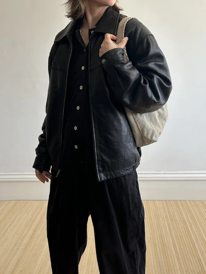 Vintage Black Leather Bomber Jacket Size M