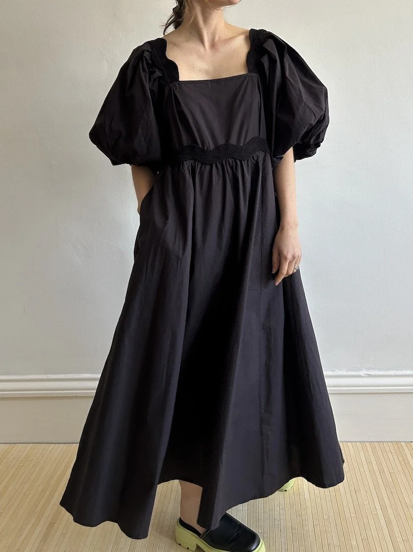 Joanie Black Cotton Puff Sleeve Midi Dress Size 12