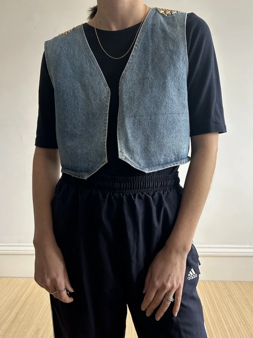 Vintage Cropped Denim Waistcoat Gold Stud Shoulders Size S