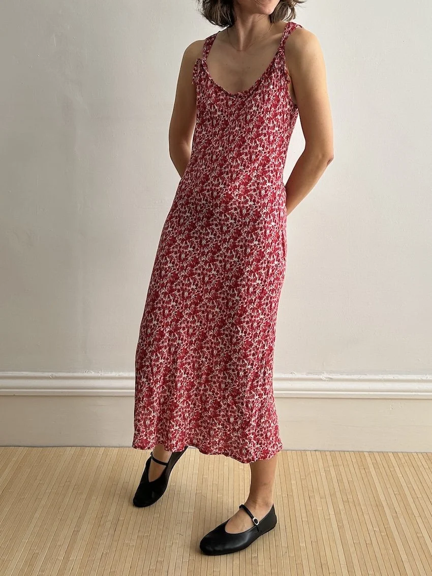 Vintage Red Floral Midi Dress Size XS