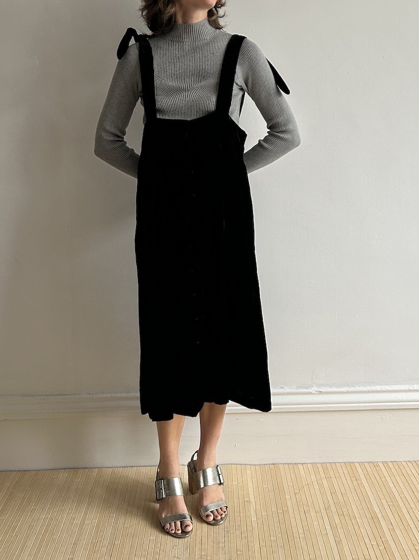 Sézane Black Velvet Dungaree Skirt Size 14