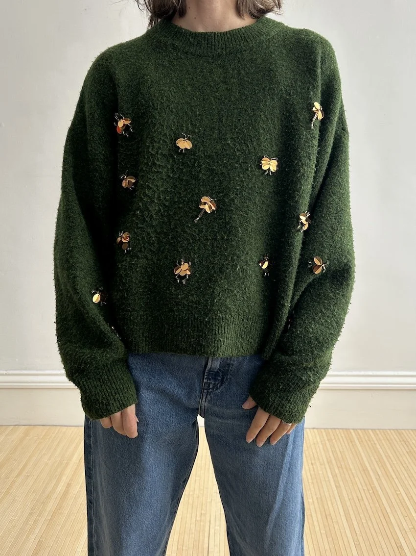 H&M Dark Green Knit Jumper With Gold Bugs Size S