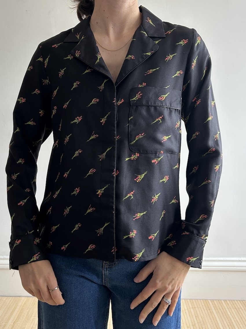 Topshop Boutique Black Silk Floral Shirt Size 6