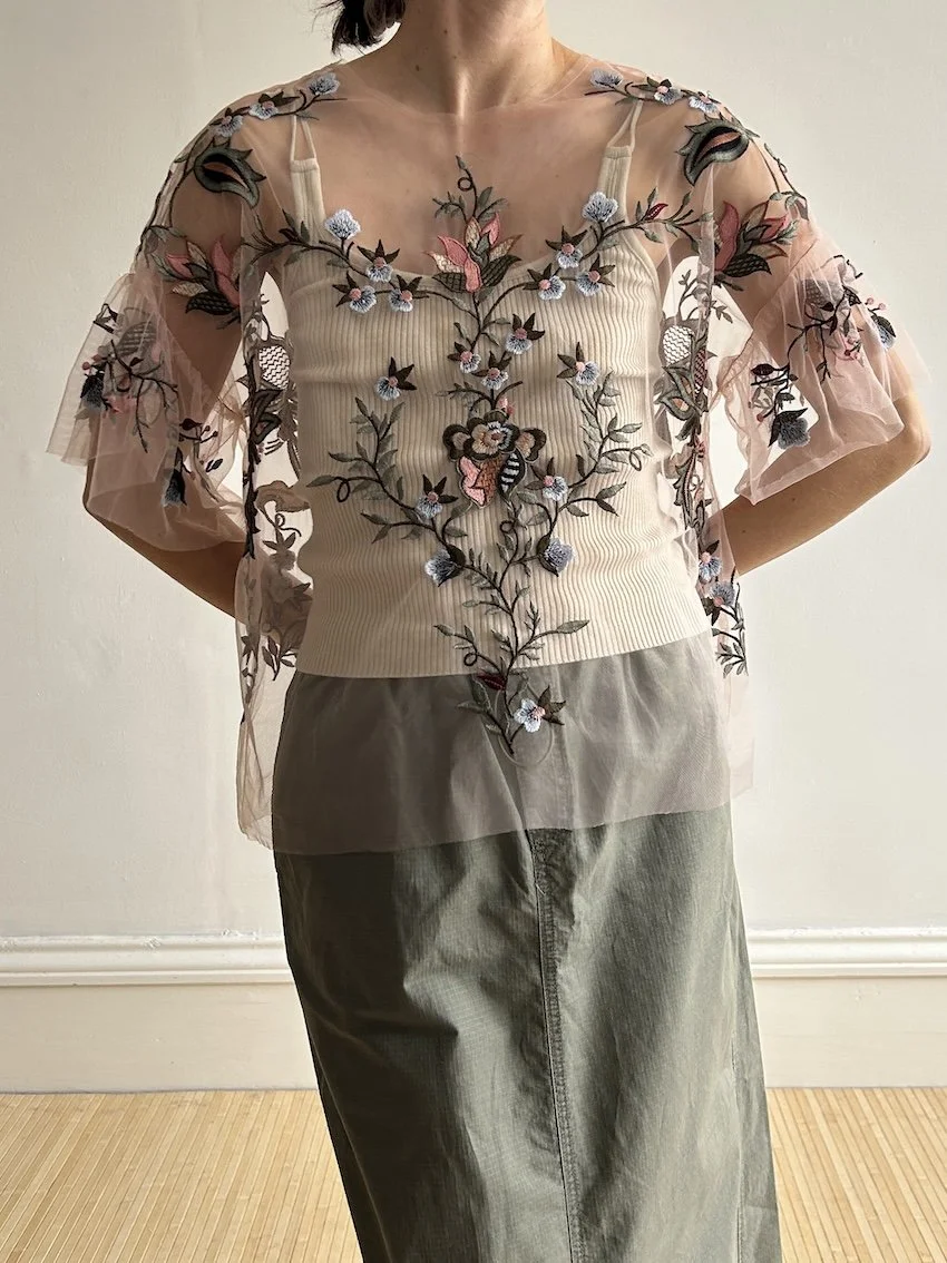 Zara Pink Tulle Embroidered Top Size M