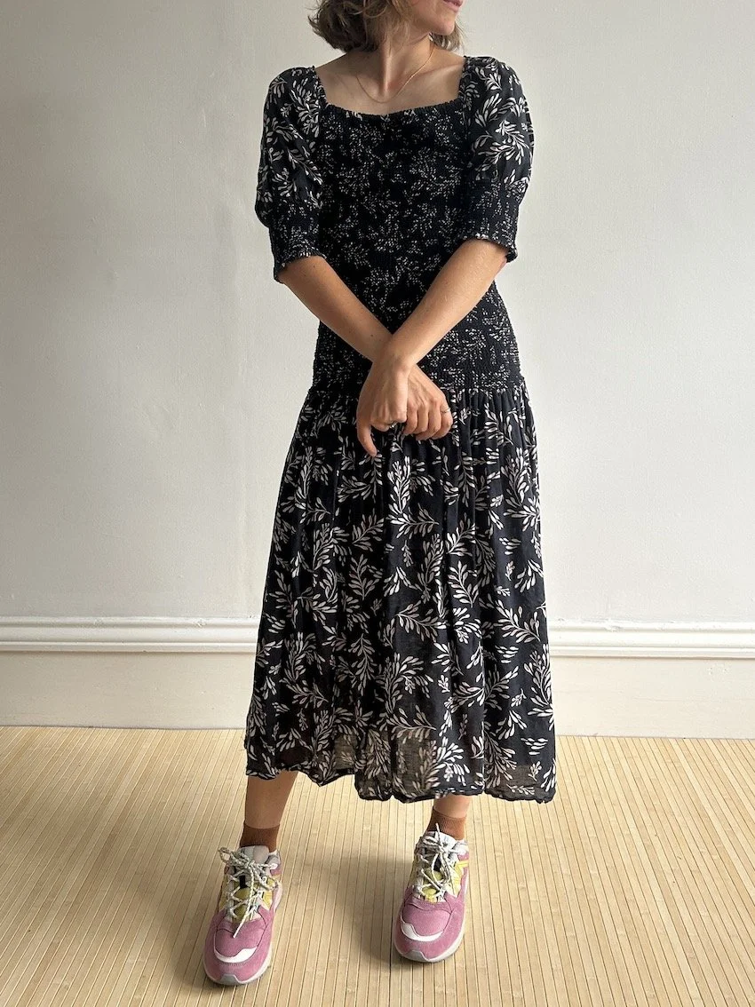 Zara Smocked Floral Faded Black Midi Dress Size S