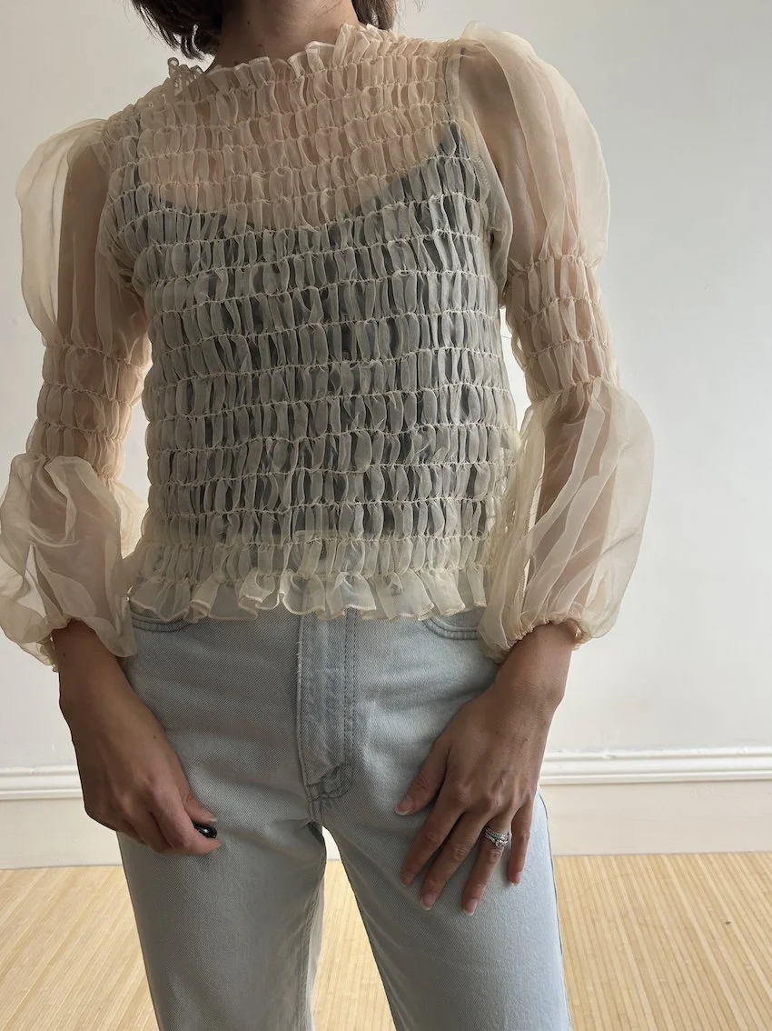 Springtime In Brooklyn Nude Organza Shirred Top Size L