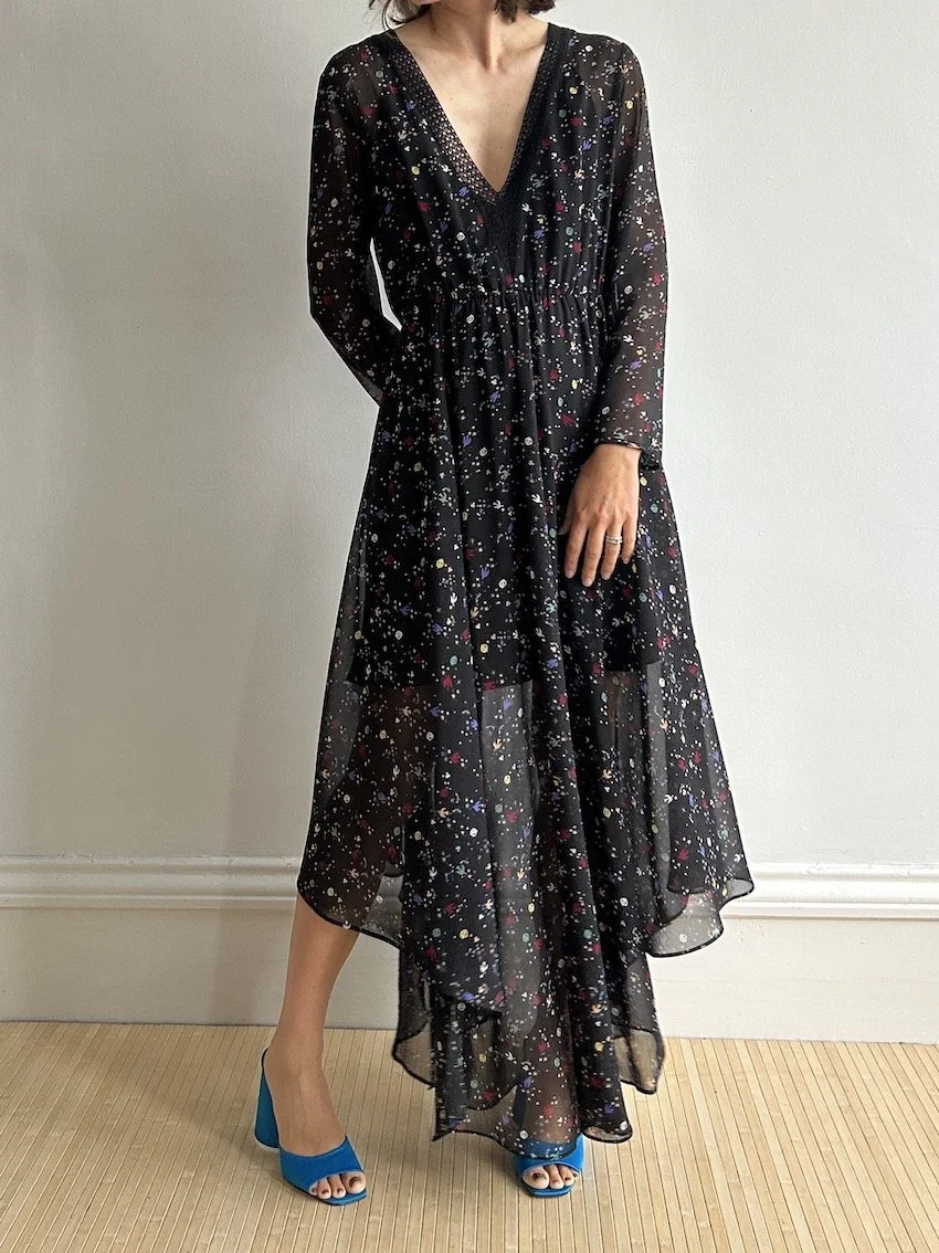 Maje Black Sheer Ditsy Print Dress Size 12