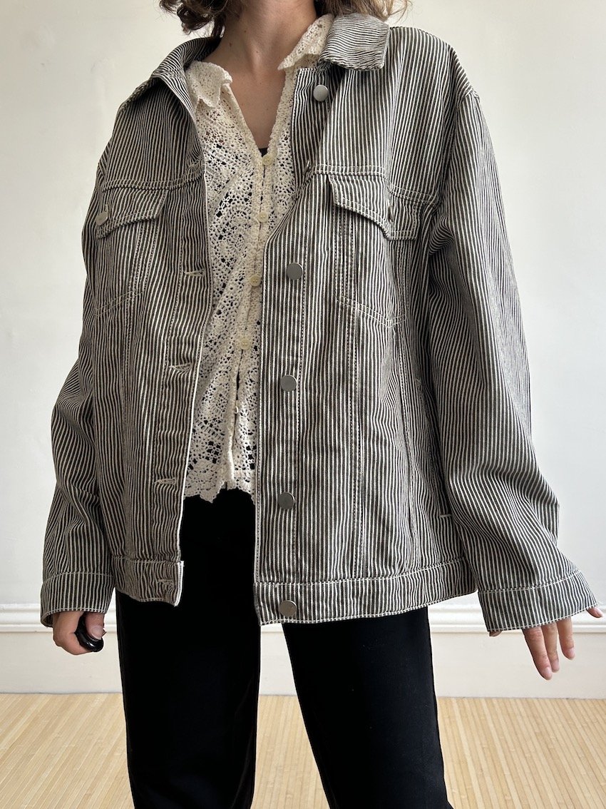 Hush Greige Stripe Denim Jacket Size 16