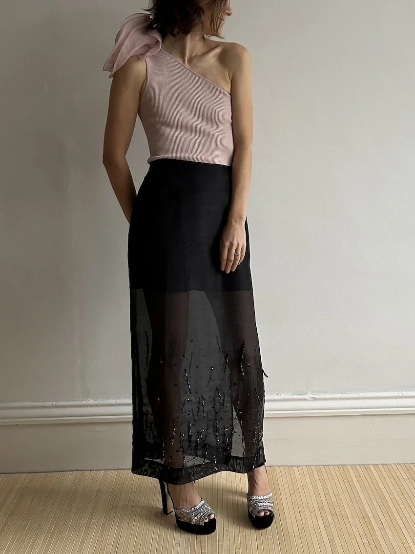 H&M Edition Black Chiffon Beaded Midi Skirt Size 12