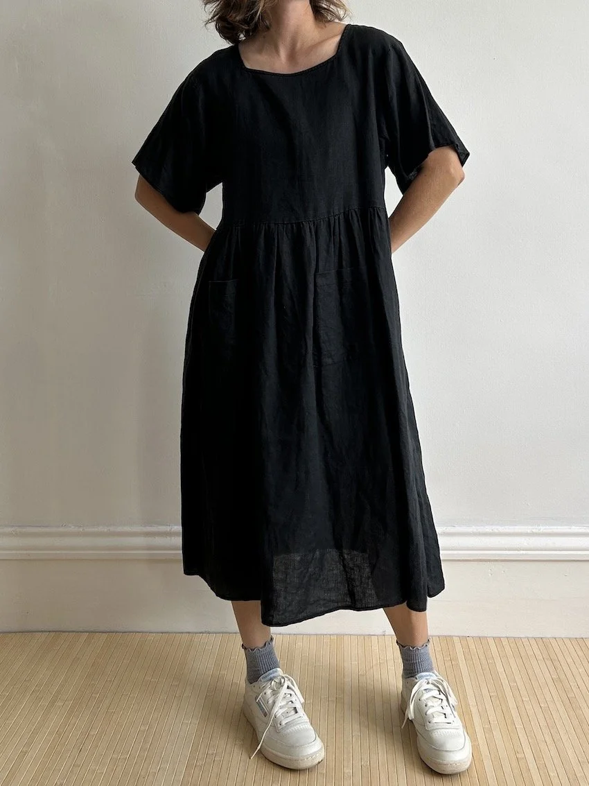 L F Markey Black Linen Midi Dress Size 8