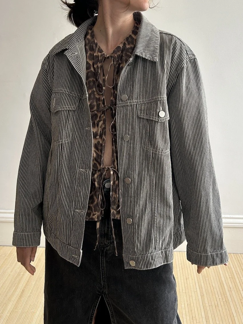 Hush Olive Stripe Oversized Denim Jacket Size 12