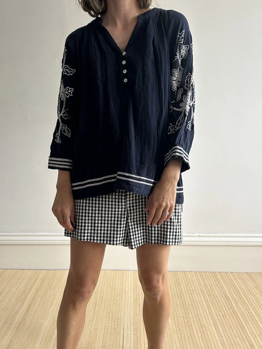 Vicci Navy Cotton Muslin Embroidered Blouse Size XL