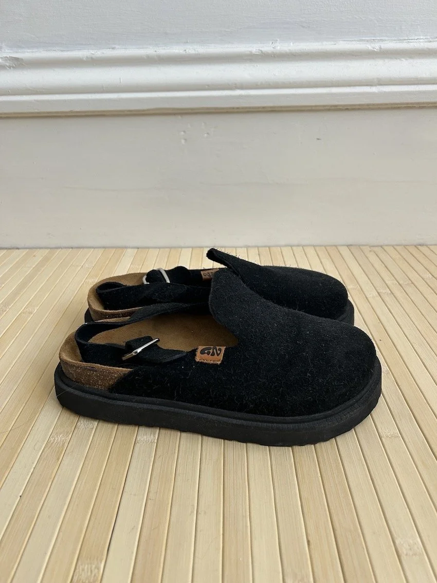 Good News Black Suede Clogs Size 6