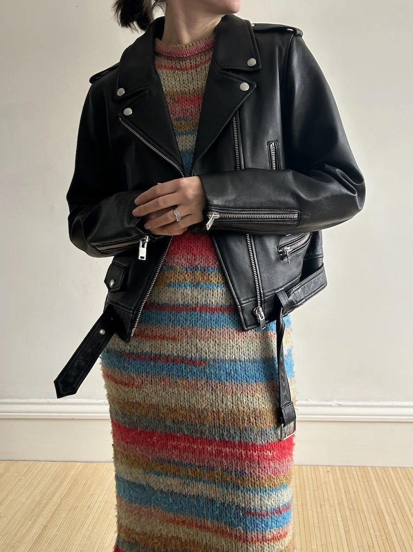 Ena Pelly Smooth Leather Black Biker Jacket Size 12