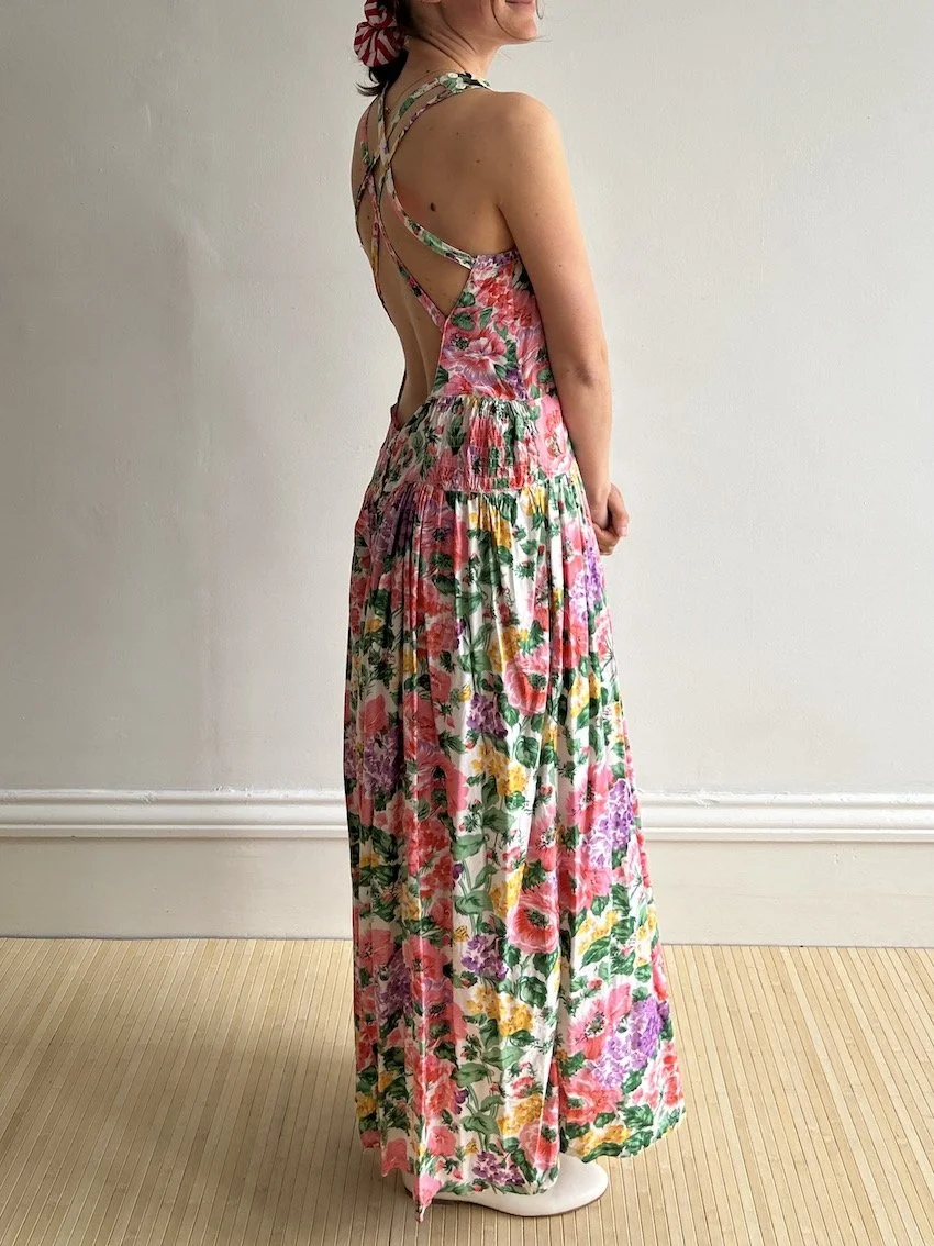 Vintage Floral Cross Strap Midi Dress Size M