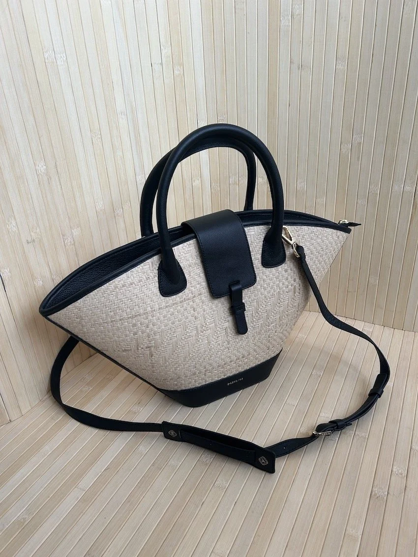 Paris/64 Black & Straw Medium Shoulder Bag