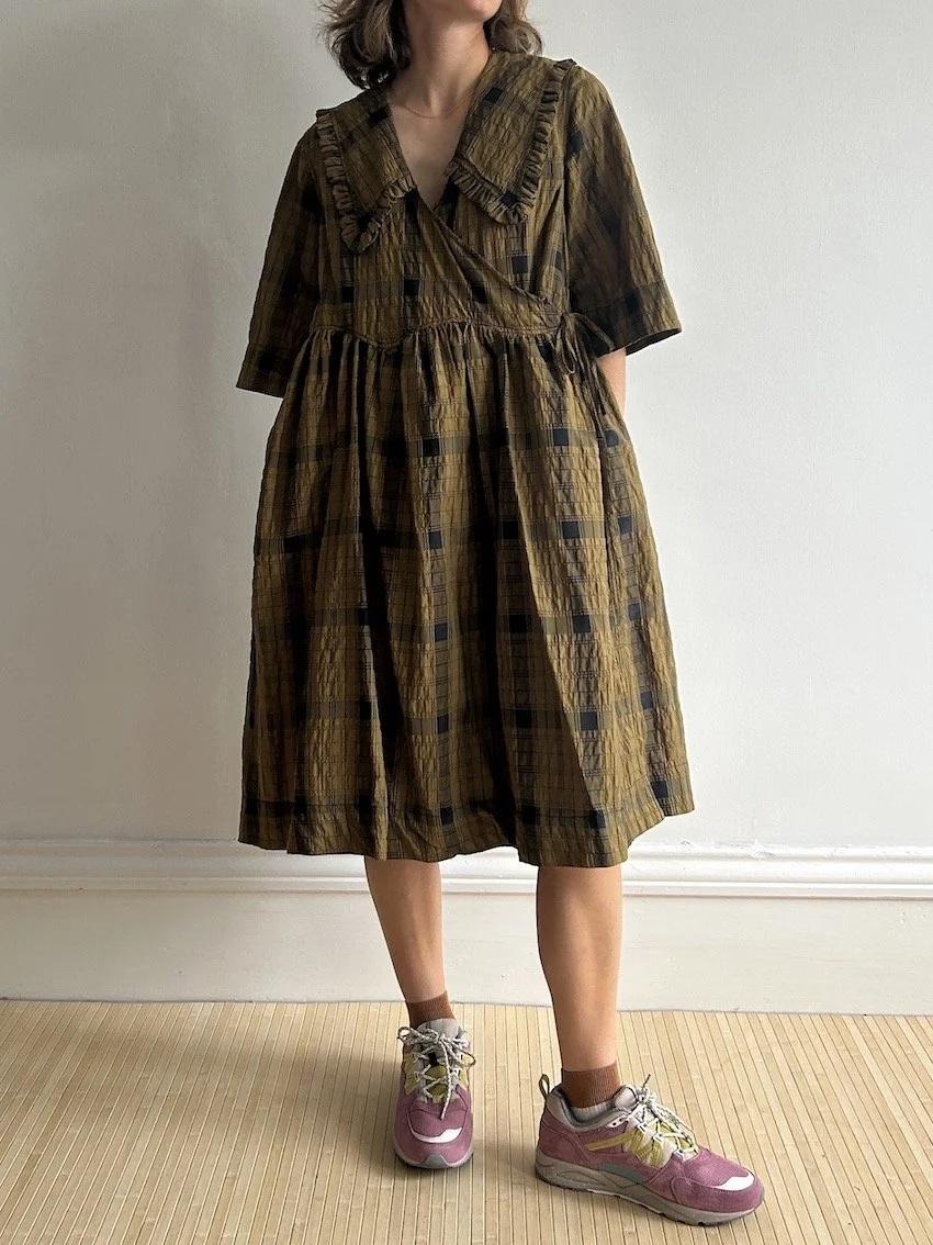 Ganni Brown Plaid Collared Wrap Midi Dress Size XXS/XS