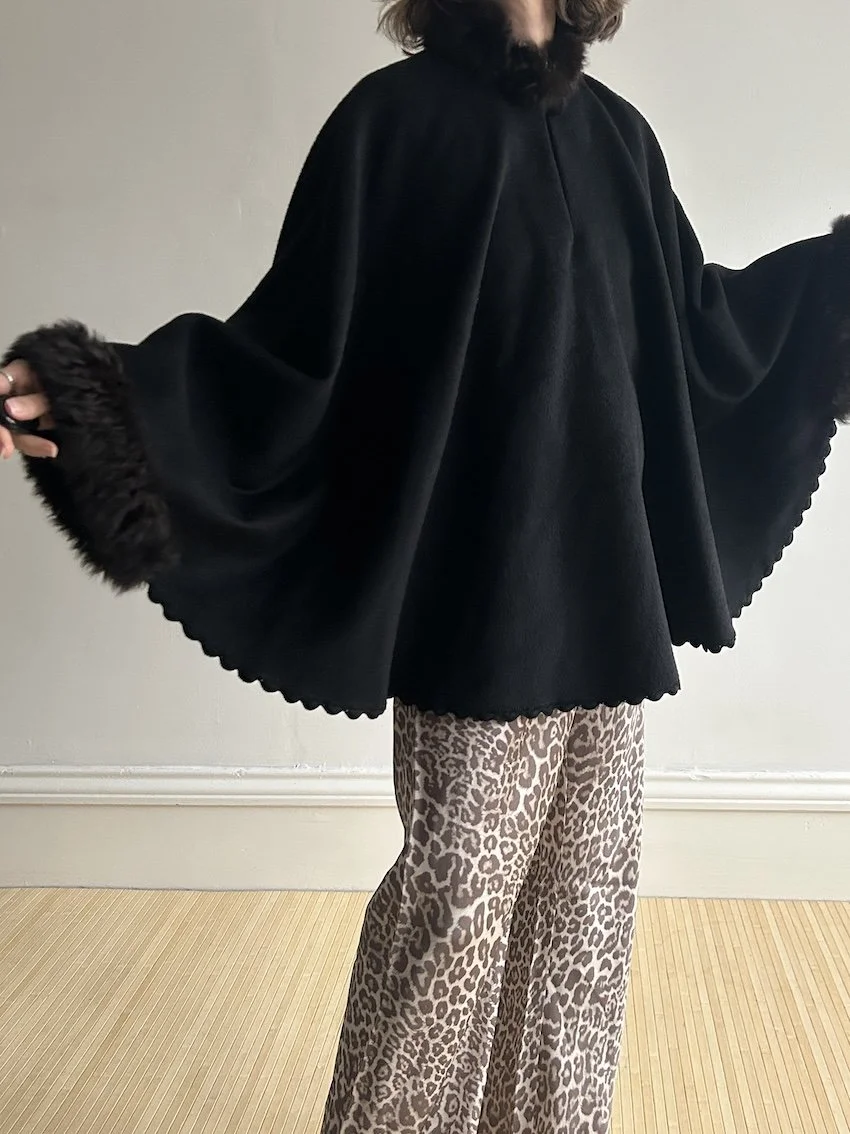 Vintage Black 100% Baby Alpaca Poncho One Size