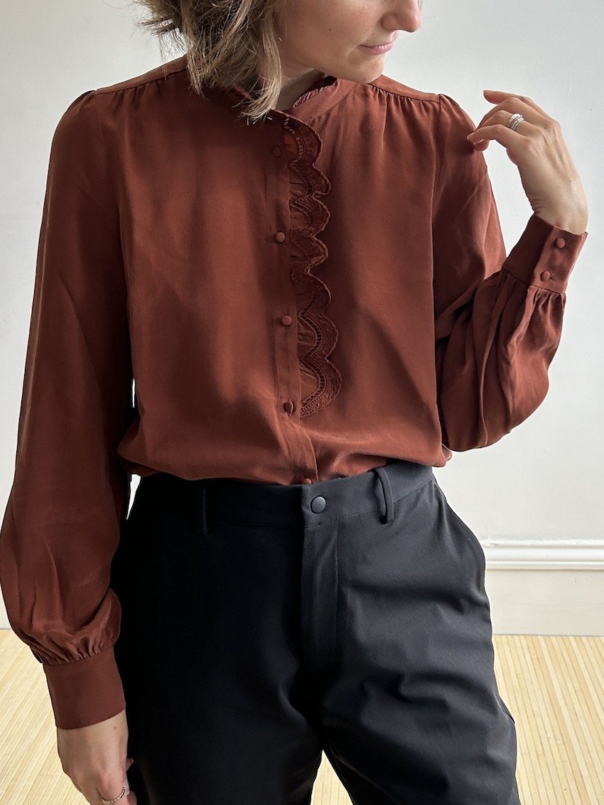 Sézane Burgundy Lace Trim Silk Shirt Size 8