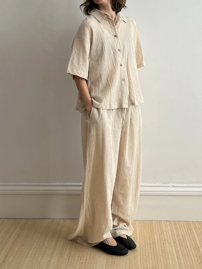 Next Crinkle Cotton Beige Wide Leg Trousers Size 14L