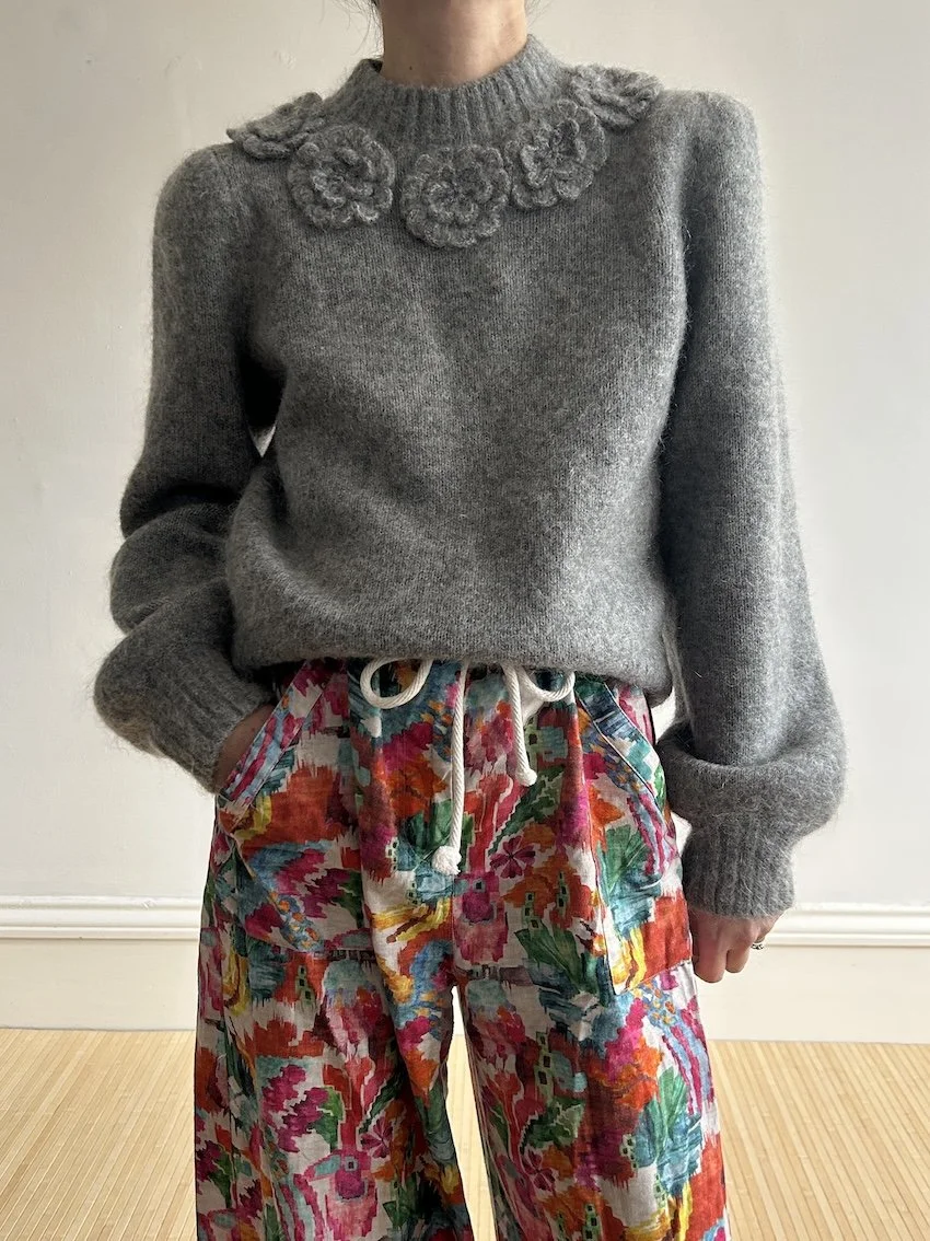 & Other Stories Fluffy Grey Floral Knit Jumper Size S