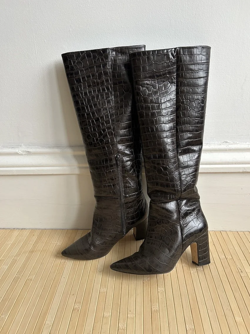 Office Brown Crocodile Pattern Pointed Boots Size 6