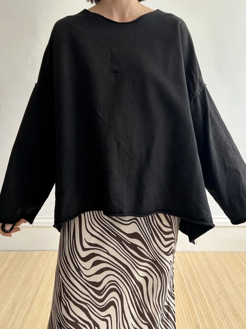 Black Thick Jersey Cotton Sweatshirt Raw Hems Size XL