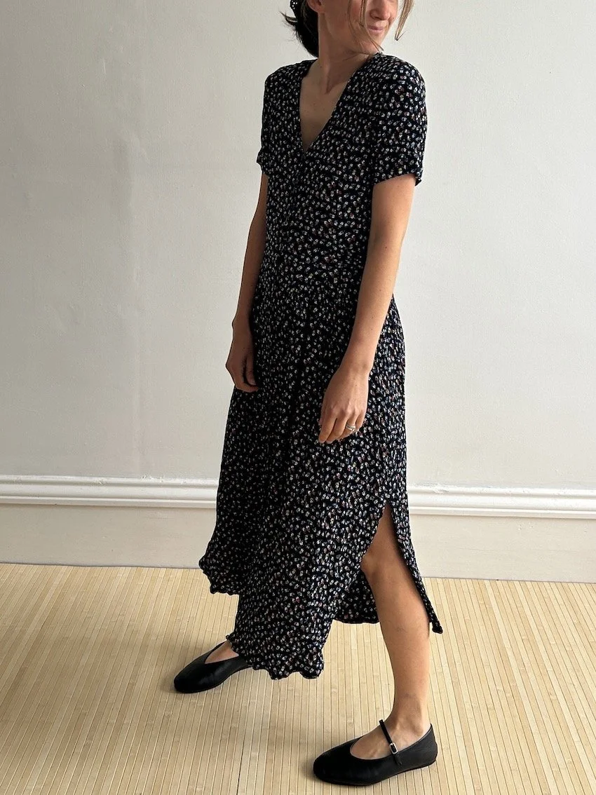 Vintage Navy Crinkled Floral Midi Dress Size S