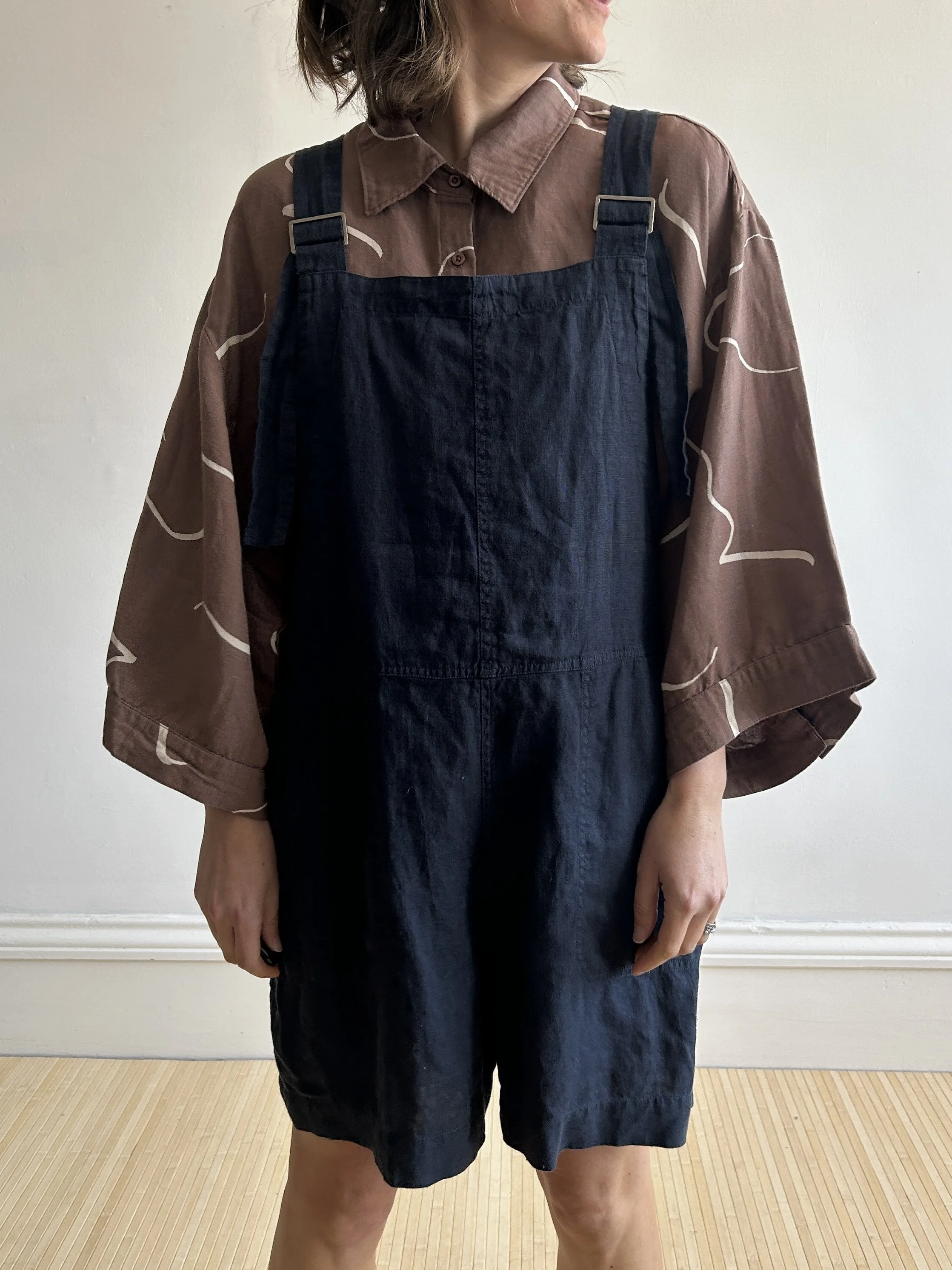 Finisterre Navy Linen Short Dungarees Size 12