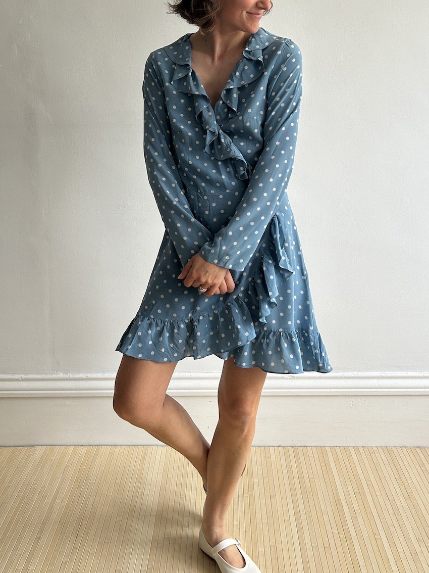 Réalisation 100% Silk Blue Spot Ruffle Mini Dress Size L