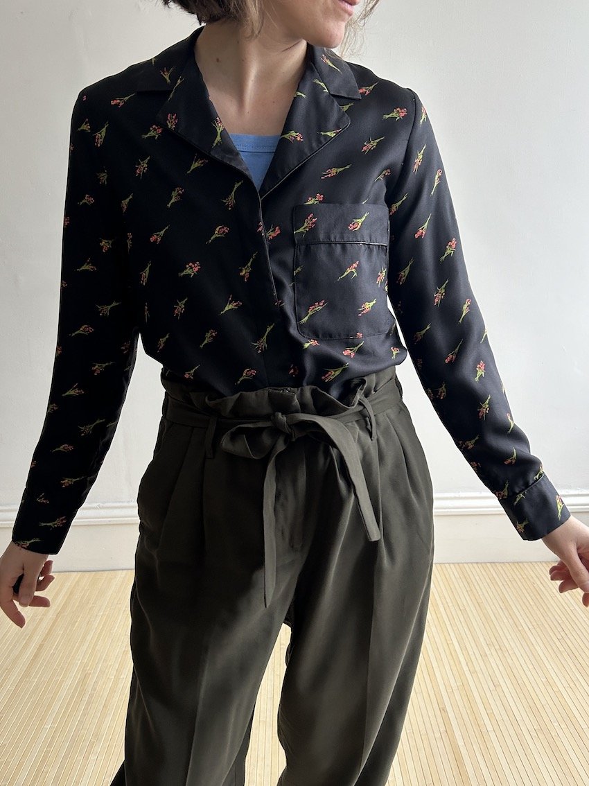 Topshop Boutique Black Silk Floral Shirt Size 6