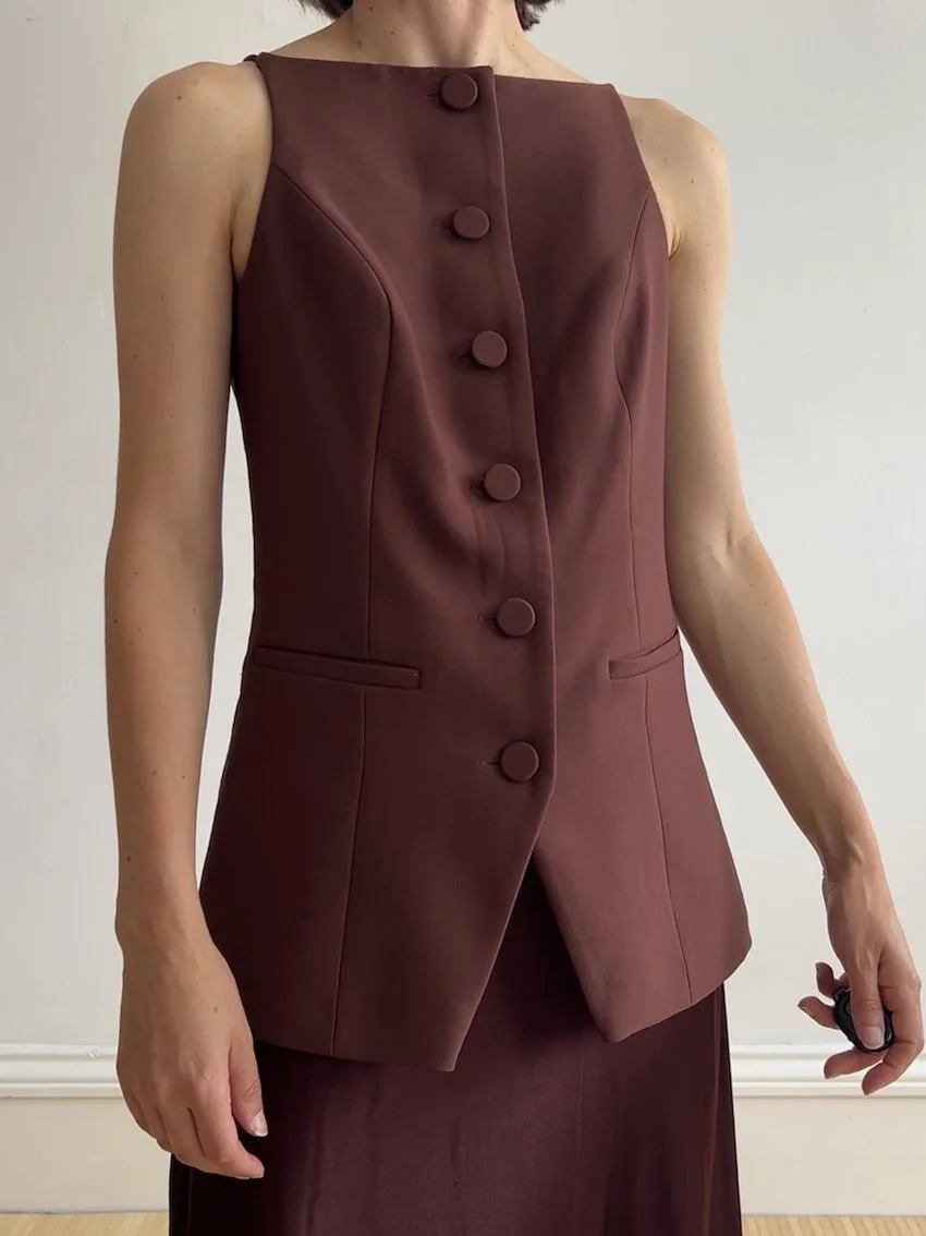 River Island Studios Long Length Brown Waistcoat Size 6