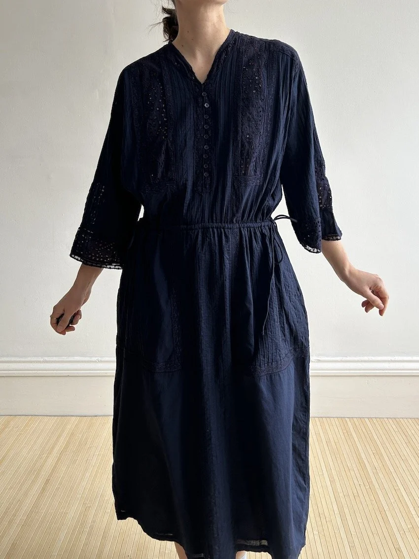 Leon & Harper Navy Cotton Pin Tuck & Lace Maxi Dress Size M & L