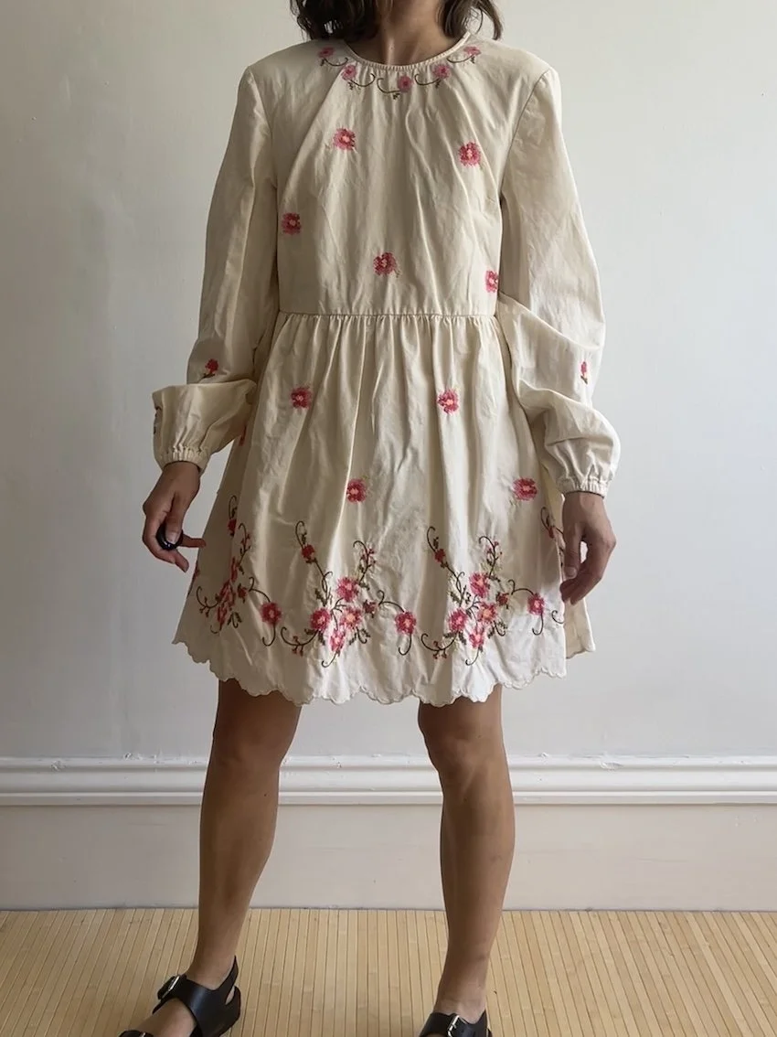 Sézane X Andion Cream Cross Stitch Floral Mini Dress Size 10