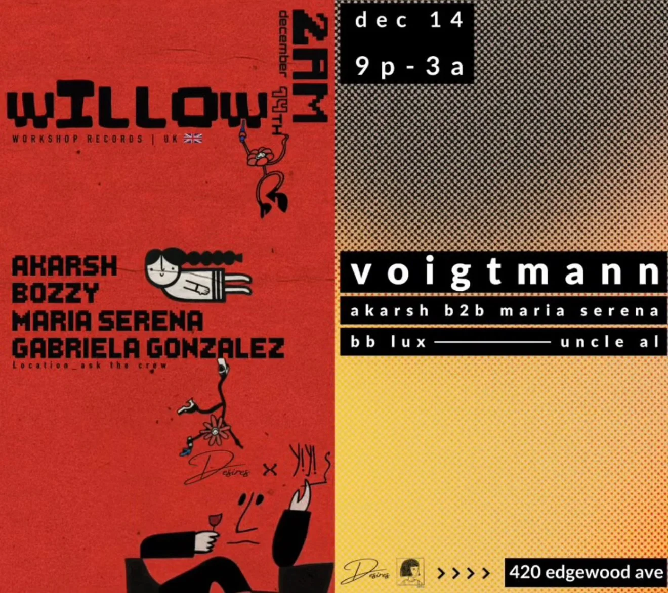 Desires + Yiyi Present: Voigtmann + Willow at Georgia Beer Garden Saturday, Dec 14, 2024