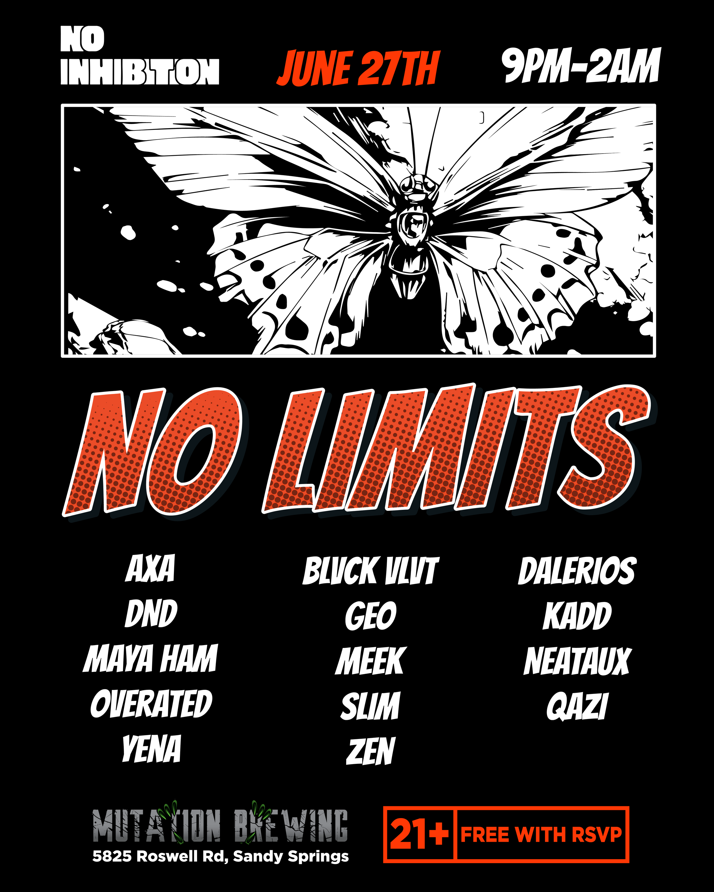 No Inhibition Presents: No limits at Mutation Brewing Saturday, Jun 27, 2026