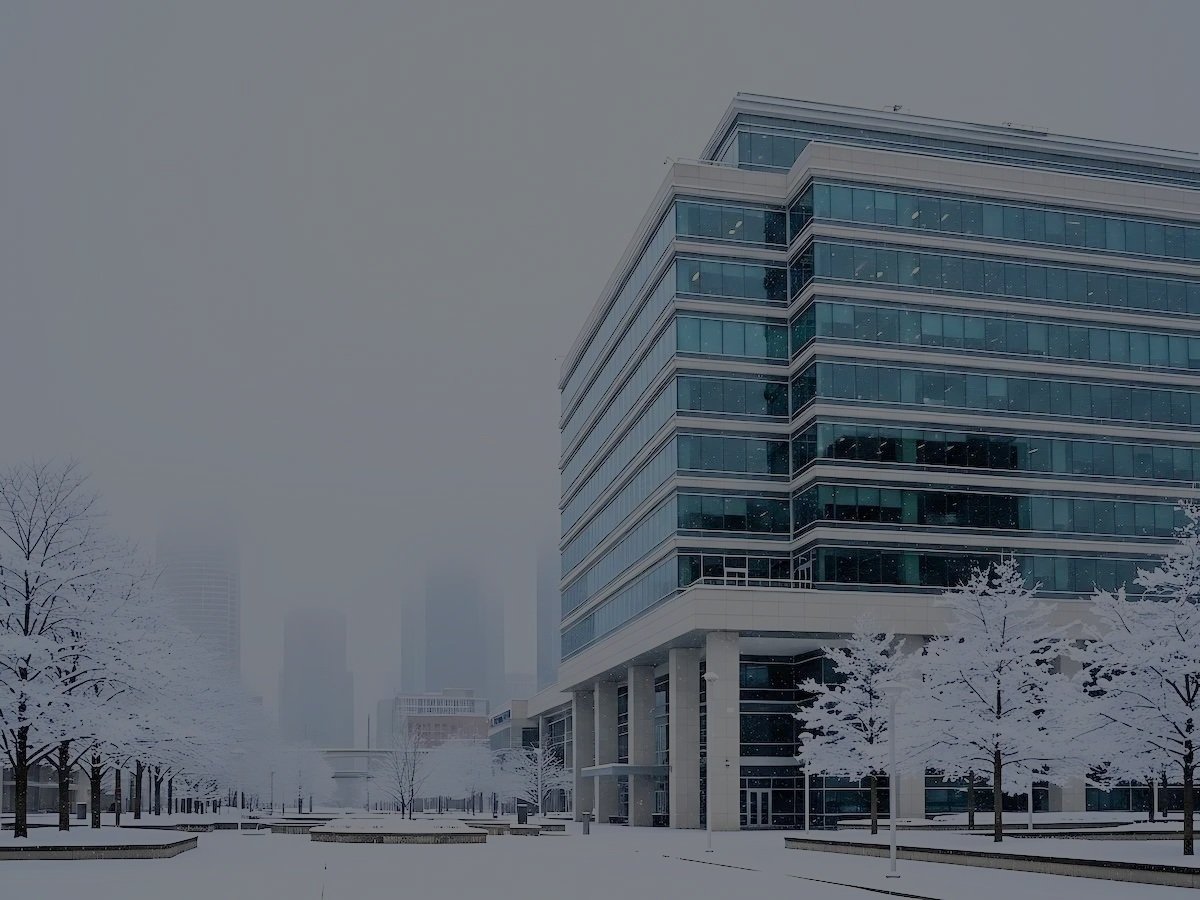 Modern glass office building covered in snow with bare trees and distant skyscrapers under a hazy winter sky.jpg