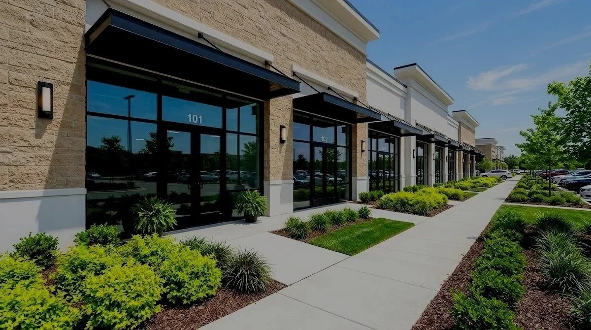 Modern retail storefronts featuring well-maintained landscaping and a clean sidewalk.jpg