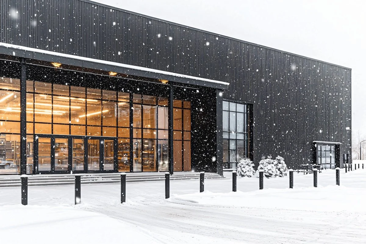 snow-covered warehouse exterior with safety bollards