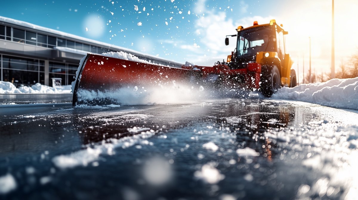 A snow plow clearing a parking lot adjacent to a shopping center, with snow flying off its blade in a glimmering arc under the bright winter sunlight