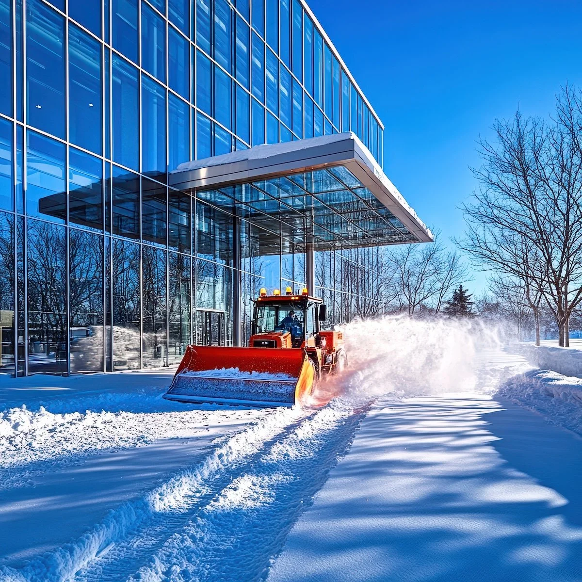 Snow removal service clearing parking lot of modern office building