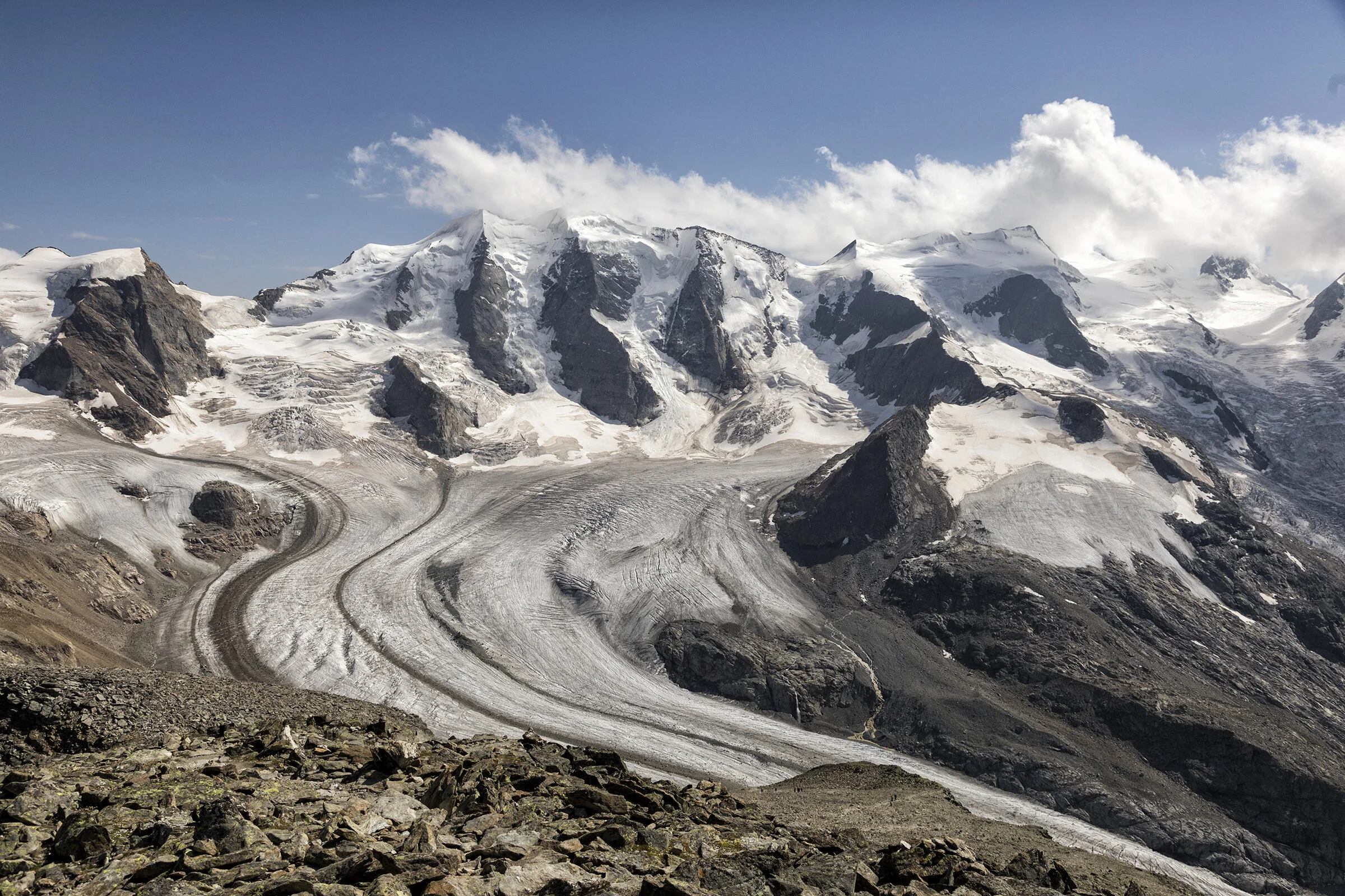 View of the Morteratsch glacier from Diavolezza in the Engiadina Ota (Upper Engadine).