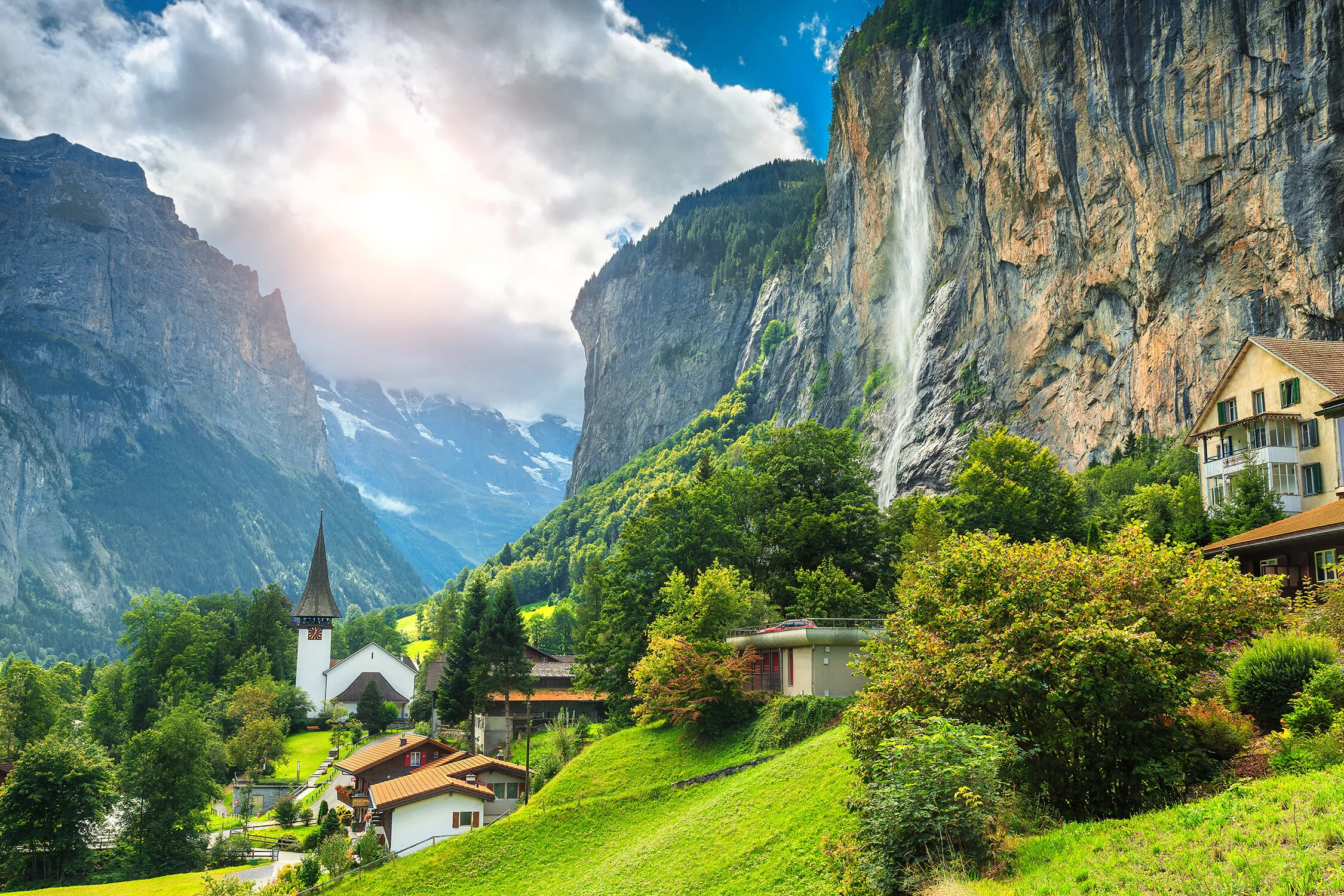 Staubbach Falls and the village of Lauterbrunnen, Switzerland.
