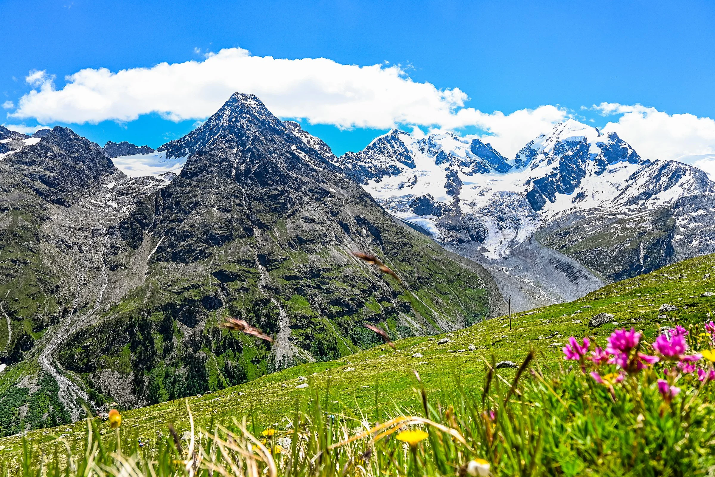The Piz Bernina (4,048 m) as seen from the Val Roseg in the Engiadina Ota (Upper Engadine).